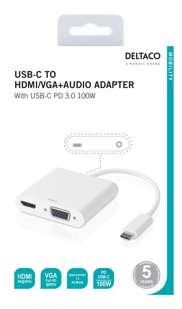 USB-C docking station, HDMI/VGA/USB-C/3.5mm, white