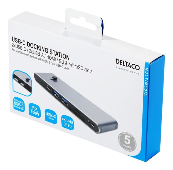 deltaco USB-C MB docking station HDMI/SD/mSD reader PD 3.0 spc. grey