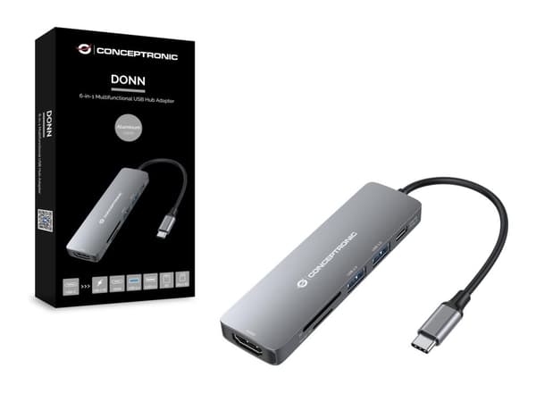 Conceptronic DONN Multifunktionell 6-i-1 USB-adapternav - HDMI - USB-C PD - 1 x USB 3.0 - 1 x USB 2.0 - SD/TF-kortläsare - USB 3.2 Gen 1 (3.1 Gen 1) T