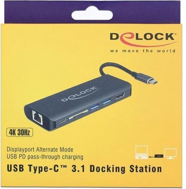 DeLOCK Premium USB-C - HDMI, 2x USB-A, USB-C PD, RJ45 ja SD/MMC-sovitin DP Alt Modella (4K 30 Hz) / musta - 0,15 metriä
