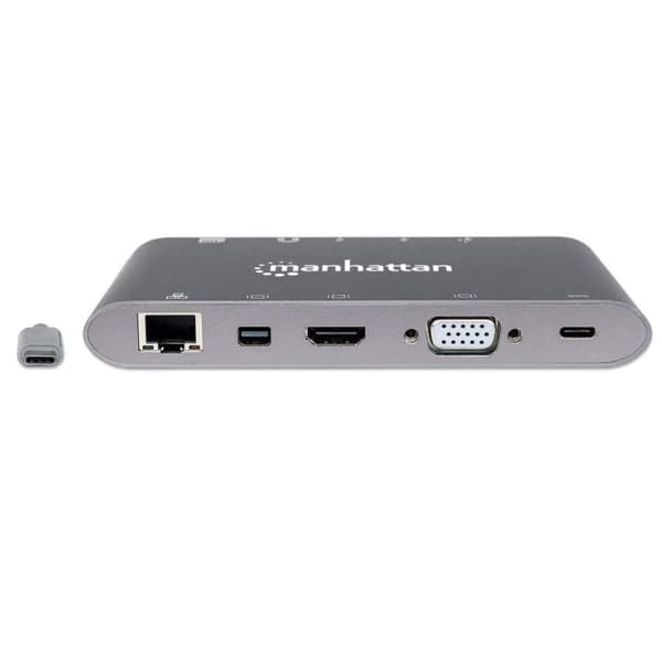 MANHATTAN Dokovací stanice USB-C HDMI, Mini DP, VGA, 3xUSB 3.0, USB-C PD-portti, RJ 45, kortinlukija, 3,5 mm