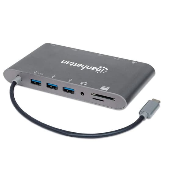 MANHATTAN Dokovací stanice USB-C HDMI, Mini DP, VGA, 3xUSB 3.0, USB-C PD-portti, RJ 45, kortinlukija, 3,5 mm