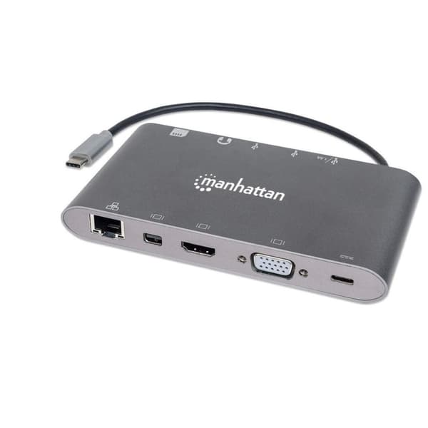 MANHATTAN Dokovací standice USB-C til HDMI, Mini DP, VGA, 3xUSB 3.0, USB-C PD-port, RJ 45, kortlæser, 3,5 mm