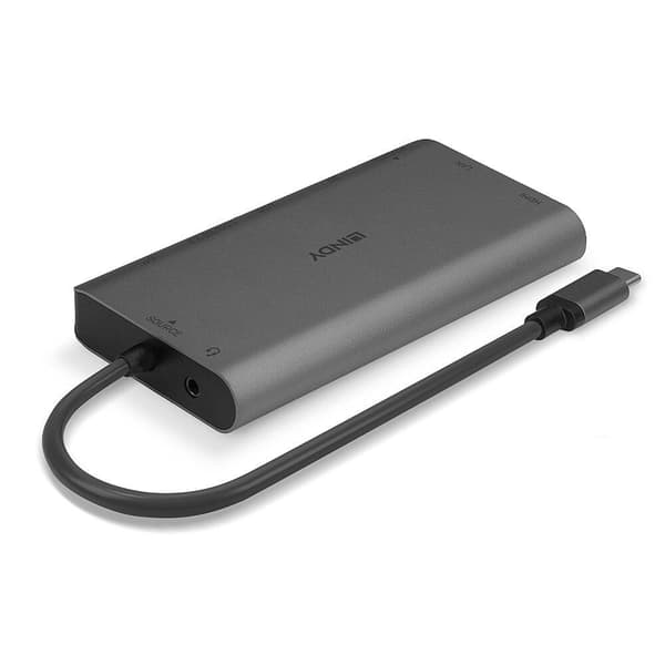 LINDY 43323 USB 3.2 Typ C Laptop Mini Dock - 4K HDMI & DP, PD 3.0 100W, USB 3.2, Gigabit Ethernet, SD, Audio, Vit och Brun