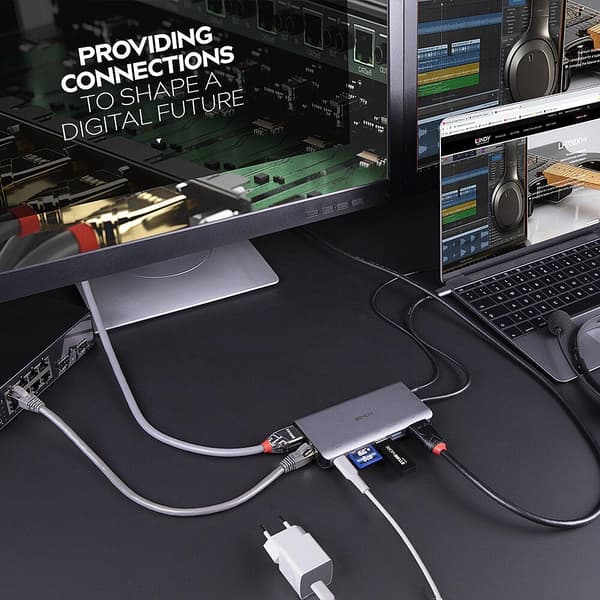 LINDY 43323 USB 3.2 Typ C Laptop Mini Dock - 4K HDMI & DP, PD 3.0 100W, USB 3.2, Gigabit Ethernet, SD, Audio, Vit och Brun
