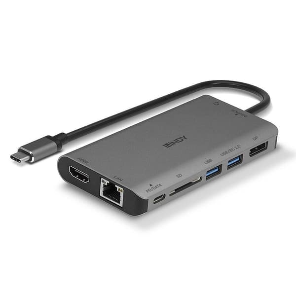 LINDY 43323 USB 3.2 Typ C Laptop Mini Dock - 4K HDMI & DP, PD 3.0 100W, USB 3.2, Gigabit Ethernet, SD, Audio, Vit och Brun