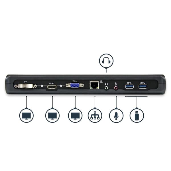 StarTech.com Universal USB3.0 Dockningsstation för bärbar dator - Dual Video HDMI - DVI - VGA med ljud och Ethernet - USB-dockningsstation - 10 Mb LAN