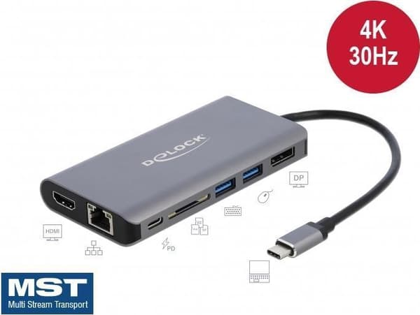 DeLOCK - Extern videoadapter - USB-C 3.1 Gen 1 - HDMI, DisplayPort, RJ-45, USB3.0 - grå - detaljhandel (87683)