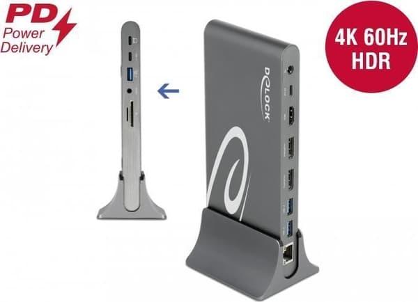 DeLock USB-C Dockingstation Universal Thunderbolt 3 -telakka, kolminkertainen 4K-näyttö 2 x DP 1.4, 1 x HDMI 2.0, 3 x USB 3.0, Giga Ethernet, kuulokke