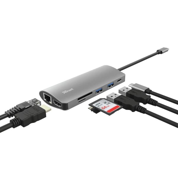 Trust Dalyx 7-i-1 USB-C Multi-Port Adapter USB-C, 2X USB-A, HDMI, Ethernet, Micro SD, SD-kortportar, PC, MacBook, Chromebook, Laptop