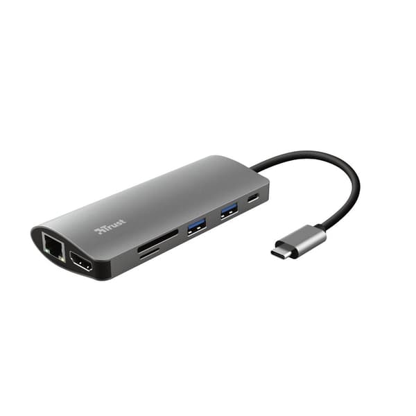 Trust Dalyx 7-i-1 USB-C Multi-Port Adapter USB-C, 2X USB-A, HDMI, Ethernet, Micro SD, SD-kortporte, PC, MacBook, Chromebook, Laptop Aluminium