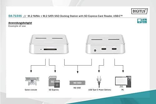 Digitus M.2 NVMe + M.2 SATA SSD-dockningsstation med SD Express-kortläsare, USB-C™