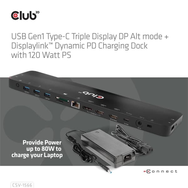Club3D USB Gen1 Type-C Triple Display DP Alt Mode + Displaylink™ Dynamic PD -lataustelakka 120 watin virtalähteellä