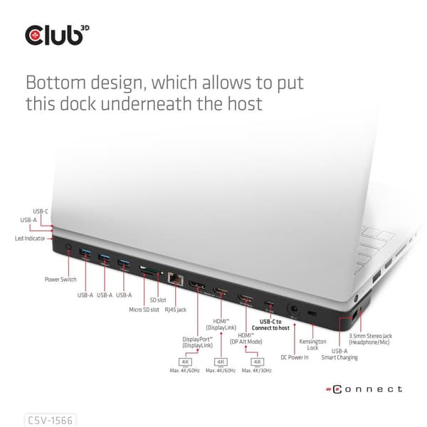 Club3D USB Gen1 Type-C Triple Display DP Alt Mode + Displaylink™ Dynamic PD -lataustelakka 120 watin virtalähteellä