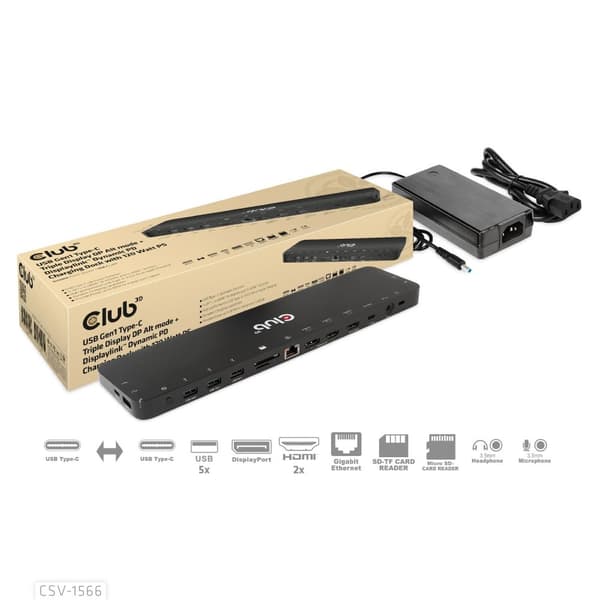 Club3D USB Gen1 Type-C Triple Display DP Alt Mode + Displaylink™ Dynamic PD -lataustelakka 120 watin virtalähteellä