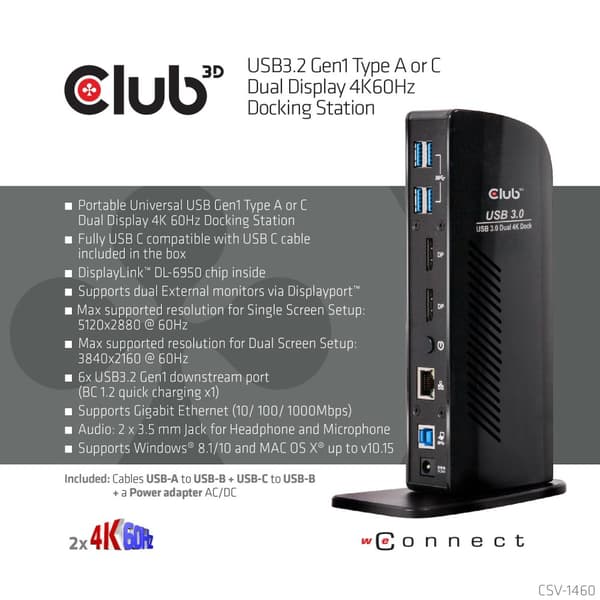 club3D CSV-1460 dockningsstation för bärbar dator Lämplig för märke: Universal Elitebook, IdeaPad, Latitude, Lenovo Thinkpad, Thinkpad, Ultrabook, Tra