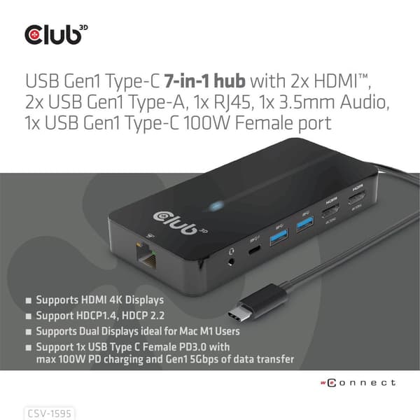 Club 3D CSV-1595 - Dockningsstation - USB-C 3.2 Gen 1 - 2 x HDMI - GigE (CSV-1595)