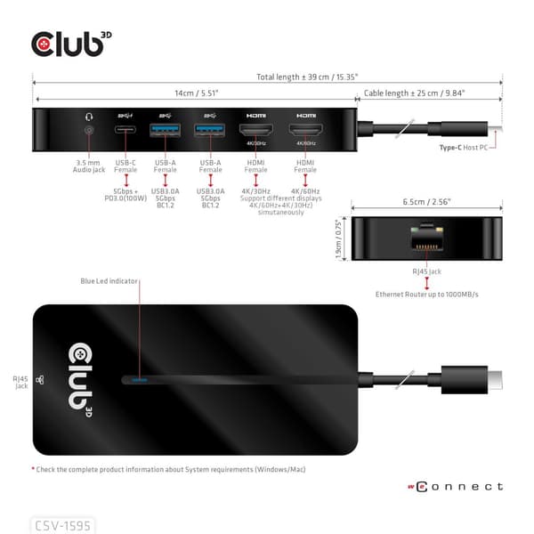 Club 3D CSV-1595 - Dockningsstation - USB-C 3.2 Gen 1 - 2 x HDMI - GigE (CSV-1595)