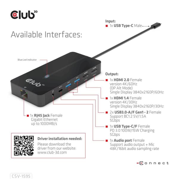 Club 3D CSV-1595 - Dockningsstation - USB-C 3.2 Gen 1 - 2 x HDMI - GigE (CSV-1595)