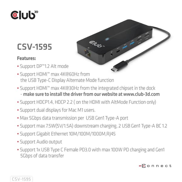 Club 3D CSV-1595 - Dockningsstation - USB-C 3.2 Gen 1 - 2 x HDMI - GigE (CSV-1595)