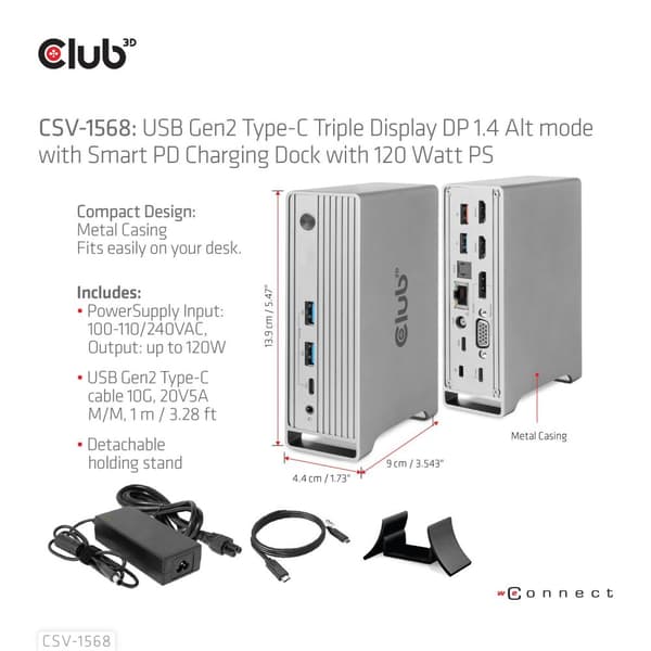 Club 3D - dockingstation - USB-C - VGA, 2 x HDMI, DP - GigE - 120 watt