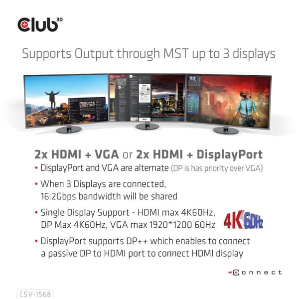 Club 3D - dockingstation - USB-C - VGA, 2 x HDMI, DP - GigE - 120 watt