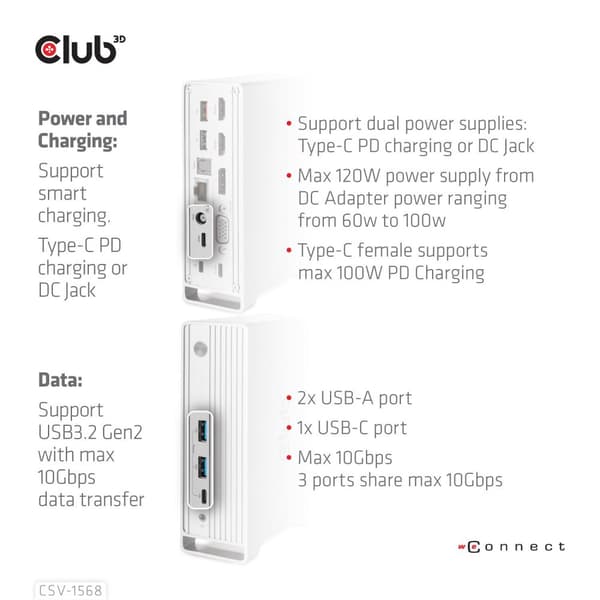 Club 3D - dockingstation - USB-C - VGA, 2 x HDMI, DP - GigE - 120 watt