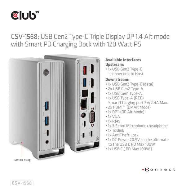 Club 3D - dockingstation - USB-C - VGA, 2 x HDMI, DP - GigE - 120 watt