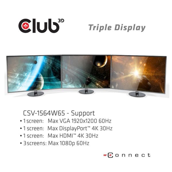Club3D USB Gen1 Type-C Triple Display Dynamic PD Laddningsdocka med 65 Watts laddare