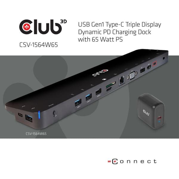 Club3D USB Gen1 Type-C Triple Display Dynamic PD Laddningsdocka med 65 Watts laddare