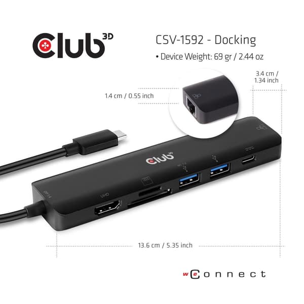 Club USB C til HDMI 4K60 + 2x USBA + RJ4