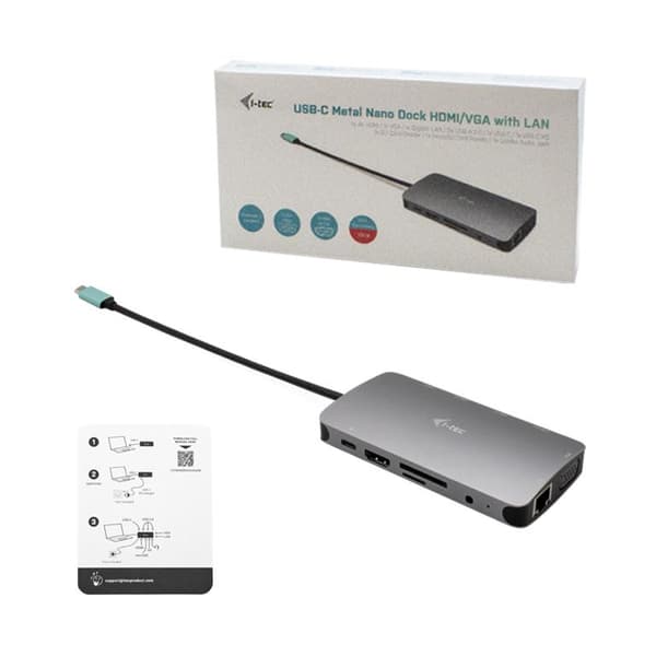 I-TEC USB-C Metal Nano Dock 1xHDMI 1xVGA 1xSD-kortläsare 1xmicroSD-kortläsare 1xGLAN 1xAudio/Mic 3xUSB 3.1 1xUSB-C Data 1xUSB-C PD (C31NANODOCKVGAPD)