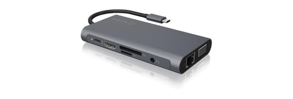 ICY BOX USB-C Dock med HDMI, USB 3.0 Hub, strømforsyning, LAN, kortlæser, lyd, VGA til MacBook og bærbar, aluminium