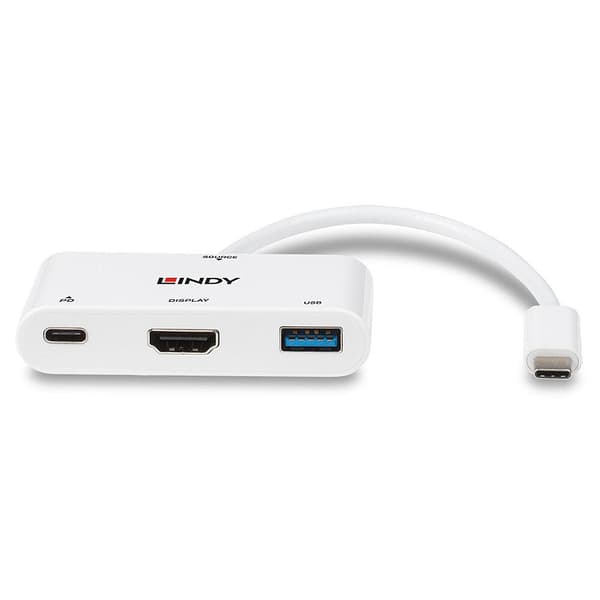 Lindy - Videoadapter - USB-C han til HDMI, USB Type A, USB-C (kun strøm) hun - 18 cm - hvid - understøtter Power Delivery 3.0, understøtter 4K 30 Hz (