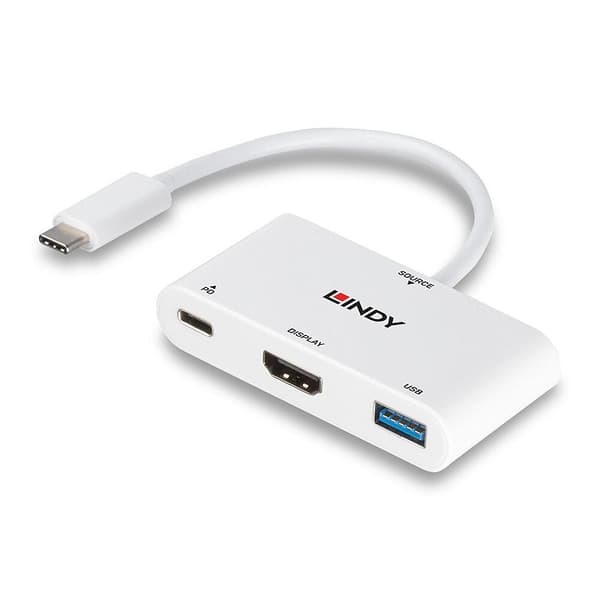 Lindy - Videoadapter - USB-C han til HDMI, USB Type A, USB-C (kun strøm) hun - 18 cm - hvid - understøtter Power Delivery 3.0, understøtter 4K 30 Hz (