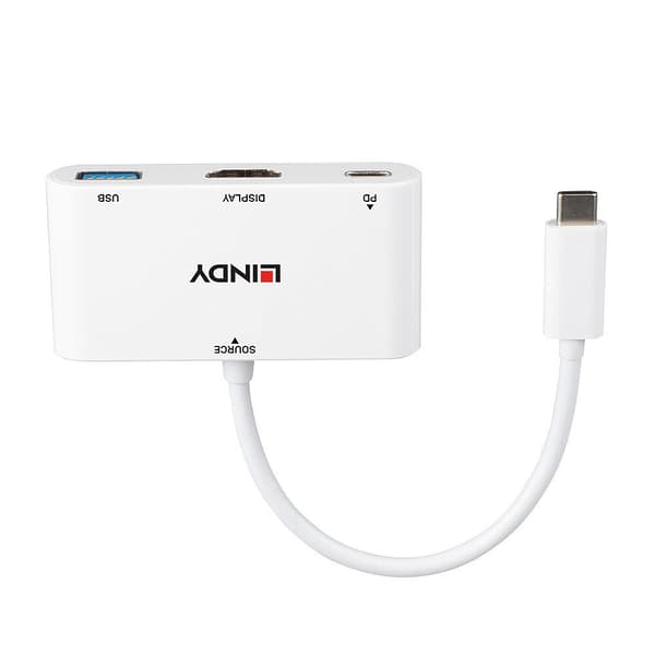 Lindy - Videoadapter - USB-C han til HDMI, USB Type A, USB-C (kun strøm) hun - 18 cm - hvid - understøtter Power Delivery 3.0, understøtter 4K 30 Hz (