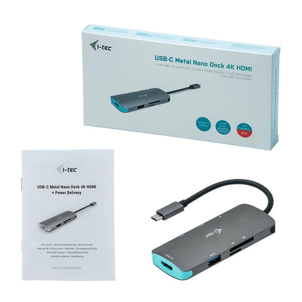 I-TEC USB C Metal Nano Dockningsstation 1xHDMI 4K 1xSD kortläsare 1xmicroSD kortläsare 3xUSB 3.0 port 1xUSB-C PD kompatibel med TB3 (C31NANODOCKPD)