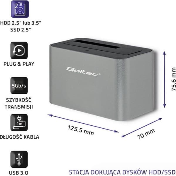 Qoltec 5315 Dockningsstation för hårddisk/SSD | 2,5"/3,5" SATA | USB 3.0