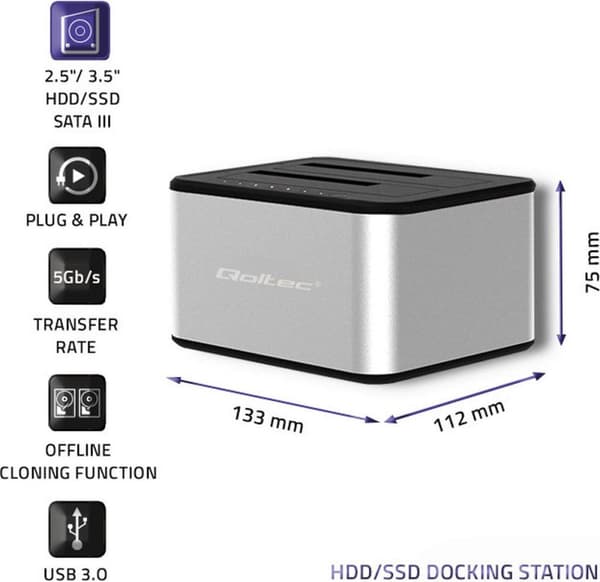 Qoltec 2x HDD/SSD-telakointiasema | 2,5/3,5 SATA | USB 3.0 | klooni.