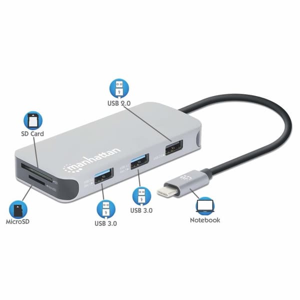 MANHATTAN USB-C 8-i-1 dockningsstation med strömförsörjning USB 3.2 Gen 1 Typ C hane till HDMI hona (4K@30Hz), tre USB-A-portar (upp till 5 Gbps), Gig