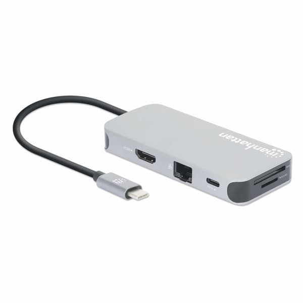 MANHATTAN USB-C 8-i-1 dockningsstation med strömförsörjning USB 3.2 Gen 1 Typ C hane till HDMI hona (4K@30Hz), tre USB-A-portar (upp till 5 Gbps), Gig
