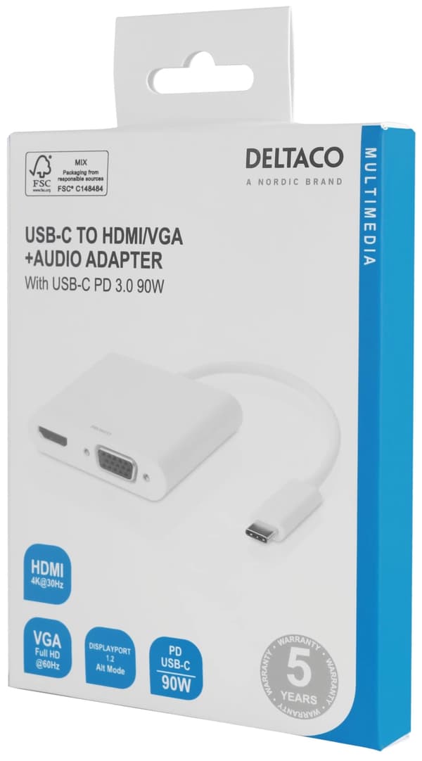 DELTACO USB-C-telakointiasema, HDMI/VGA/USB-C, 100W, PD 3.0, valkoinen