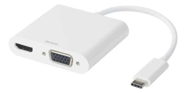DELTACO USB-C-telakointiasema, HDMI/VGA/USB-C, 100W, PD 3.0, valkoinen