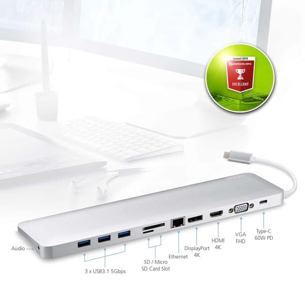 aten Telakka USB-C™ 1x DisplayPort Female / 1x HDMI Type A Female / 1x VGA Female Gigabit Telakka 11-Väylä Hopea