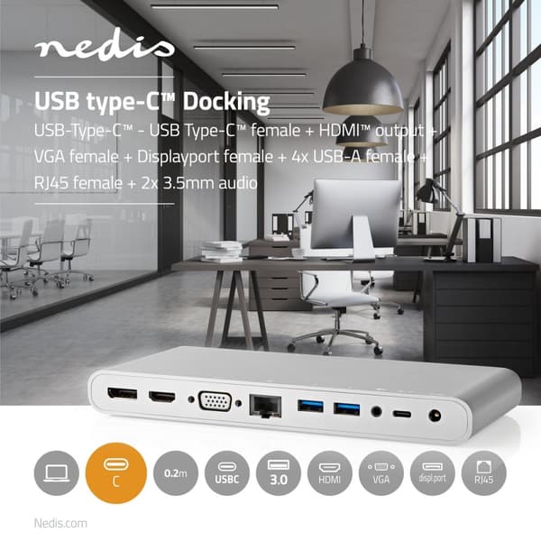 Nedis USB Docking Station | USB 3.2 Gen 1 | USB-C™ Han | DisplayPort Hun / HDMI ™ -udgang / RJ45 Hun / VGA Hun / 2 x 3.5 mm Hunstik / 2x USB-C™ / 4x U