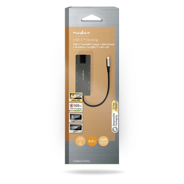 Nedis USB Multi-Port Adapter | 10-i-1 | USB 3.2 Gen 1 | USB-C™ Hane | HDMI™ Utgång / RJ45 Hona / SD / 2x USB-C™ / 3.5 mm Hona / 3x USB-A Hona | 5 Gbps
