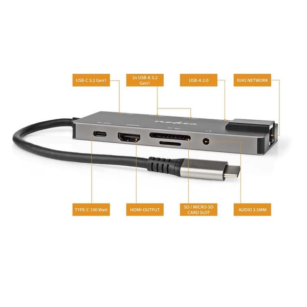 Nedis USB Multi-Port Adapter | 10-i-1 | USB 3.2 Gen 1 | USB-C™ Hane | HDMI™ Utgång / RJ45 Hona / SD / 2x USB-C™ / 3.5 mm Hona / 3x USB-A Hona | 5 Gbps