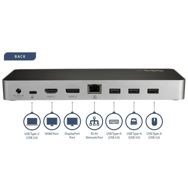 StarTech.com USB-C Dual-4K-monitor dockningsstation för bärbara datorer - 60W USB-strömförsörjning - SD-kortläsare - Dockningsstation - USB-C - GigE -