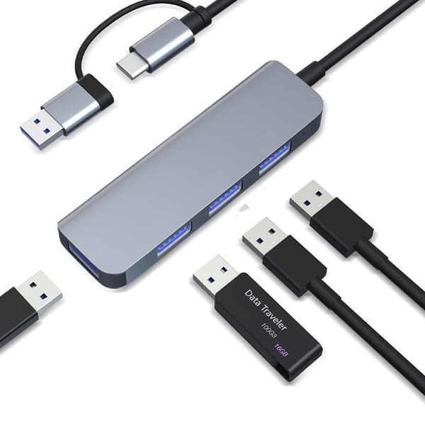 INF Dobbel USB-C og USB-A Hub med 1 USB3.0-port og 3 USB2.0-porter