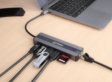 MANHATTAN USB-C 7-i-1 dockningsstation med Power Delivery USB 3.2 Gen 1 Typ C hane till HDMI hona (4K@30Hz), två USB-A-portar (5 Gbit/s), Gigabit RJ45